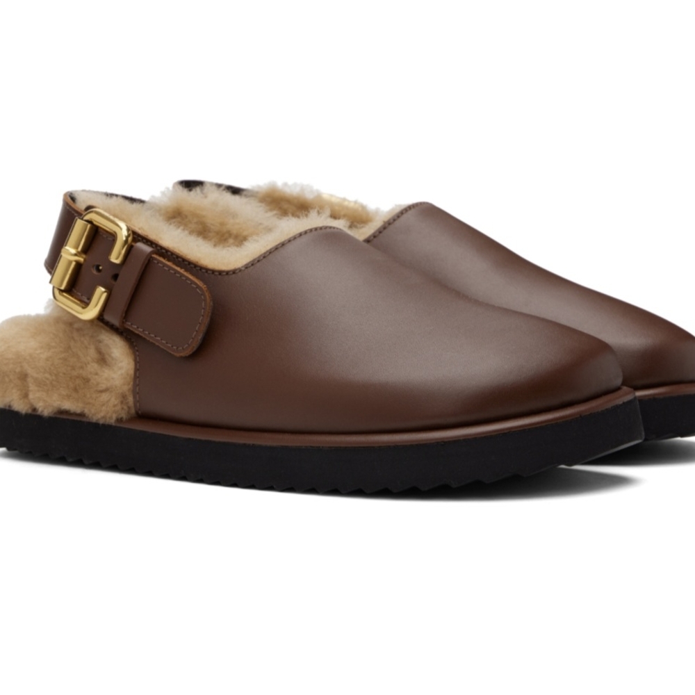 Chloé Brown Fur-Lined Loafers with Gold Buckle